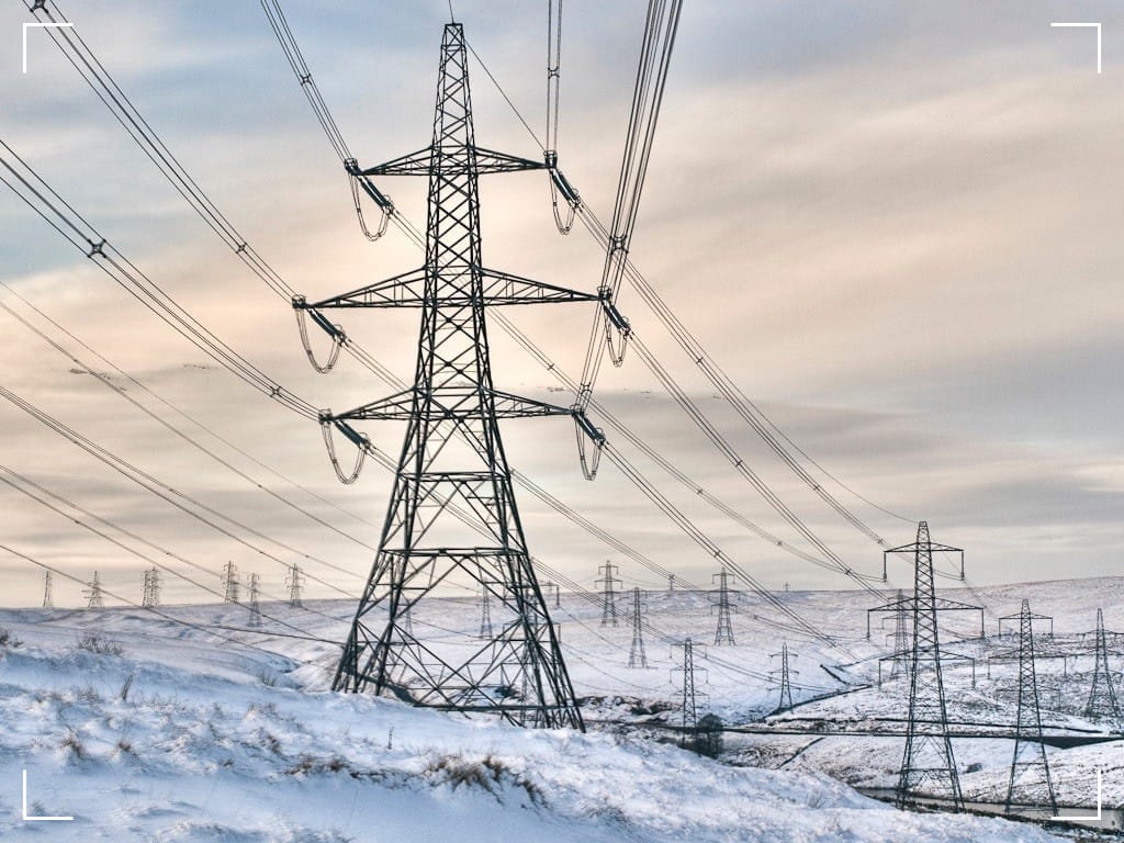 Pylons in the snow, Ripponden, West Yorkshire, England
